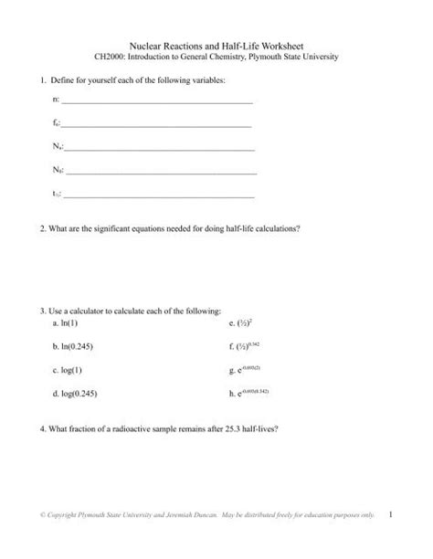 Nuclear Reactions And Half Life Worksheet Plymouth State