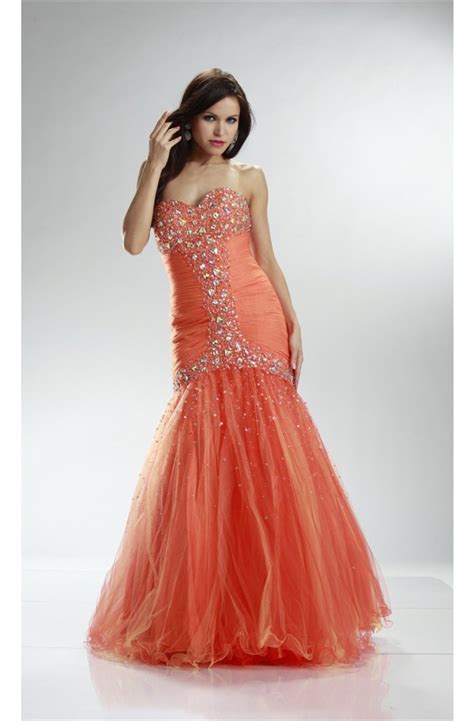 Mermaid Sweetheart Orange Tulle Beaded Prom Dress Corset Back