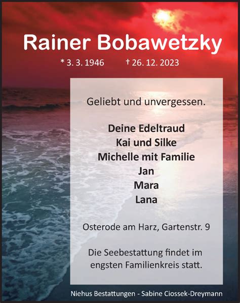 Traueranzeigen Von Rainer Bobawetzky Harztrauer De