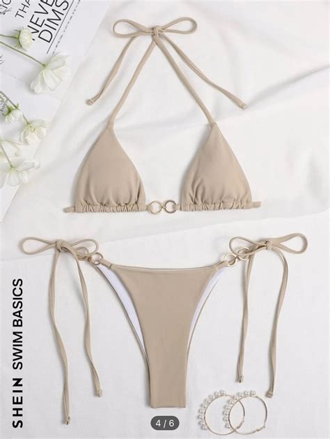 Shein Basic Ring Linked Micro Triangle Thong Bikini Swimsuit In Khaki