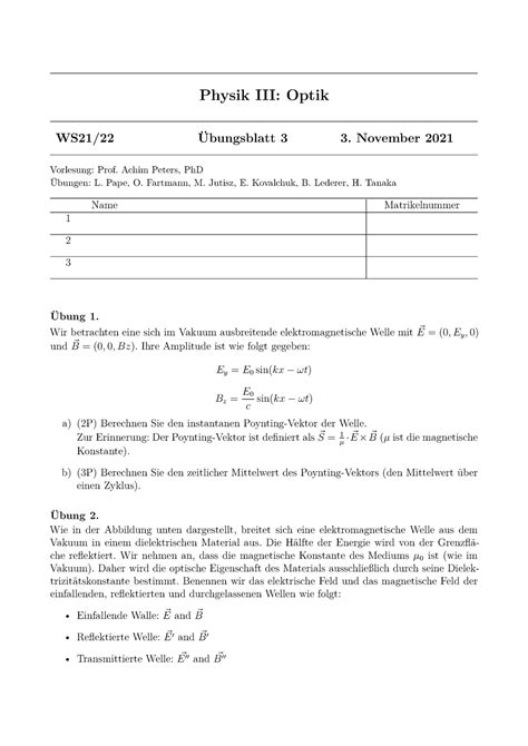 Hausaufgabe Phy Iii Physik Iii Optik Ws Bungsblatt