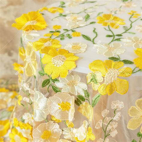Yellow D Flowers Light Nude Mesh Embroidery Fabric Oneyard