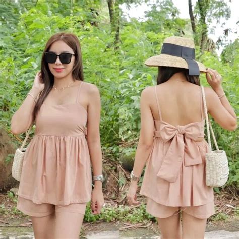 Nude Ribbon Tie Top And Shorts On Carousell