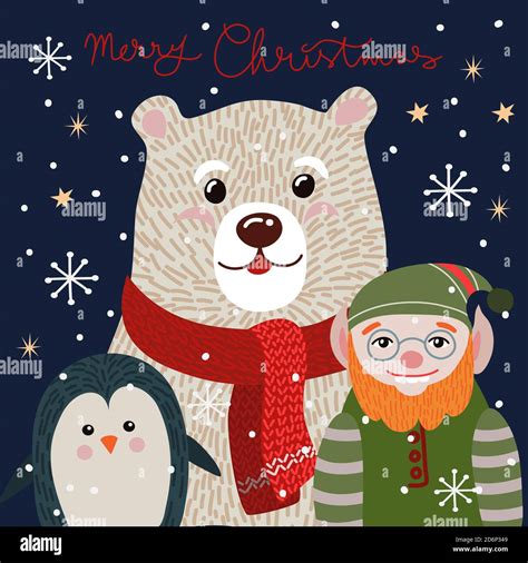 Christmas Card With Cute Polar Bear In A Red Scarf Vector Cartoon Flat