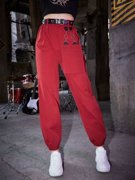 Romwe Grunge Punk Solid Belted Pocket Pants Denim Women Red