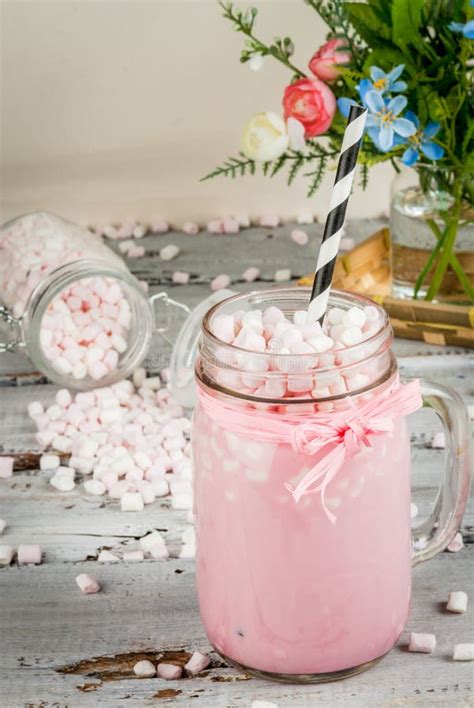 Pink Hot Chocolate With Marshmallow Stock Image Image Of Delicate Love