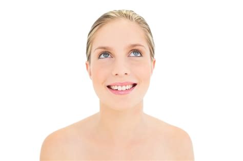 Premium Photo Smiling Fresh Blonde Woman Looking Up