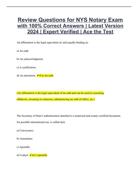 Review Questions For Nys Notary Exam With Correct Answers Latest