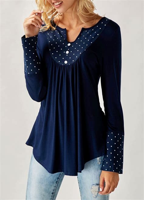 Polka Dot Print Split Neck Navy Curved Blouse Rotita USD 29 05