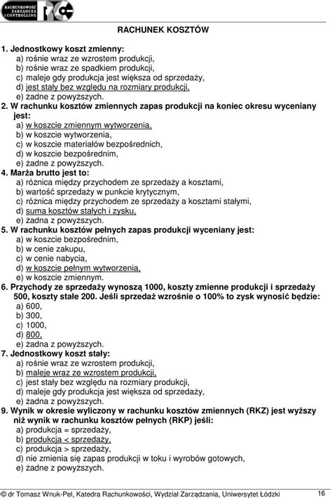 Rachunek Koszt W Dr Tomasz Wnuk Pel Katedra Rachunkowo Ci Wydzia