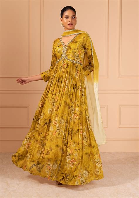 Buy Women Mustard Yellow Floral Print Embroidered Anarkali Gown With