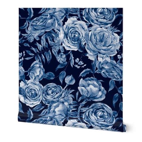 Navy Blue Watercolor Flowers Wallpaper Spoonflower