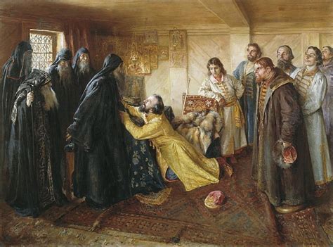 Царь Иван Грозный просит игумена Корнилия постричь его в монахи. Холст ...