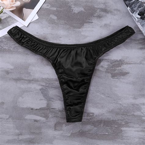 Tanga de satén suave y brillante para hombre ropa interior Gay lencería Sexy de tiro bajo con