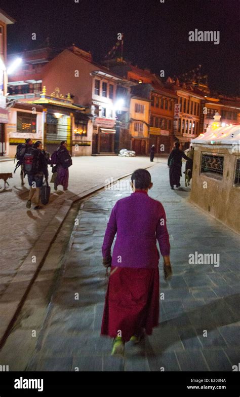 Kathmandu Nepal Old Woman Walking Around The Boudhanath Stupa In The