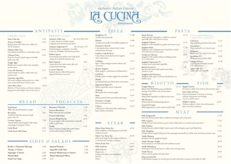 Menus La Cucina Italian Restaurant Classic Italian Pasta Pizza