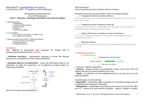 Biostatistiques Cours Sur Les Intervalles Stat Descriptives Etc