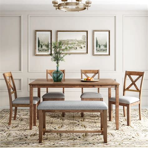 Merax 6 Piece Kitchen Dining Table Set For 6 Wooden Rectangular Dining