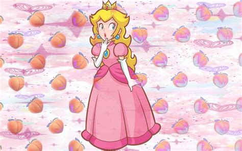 The Princess Peach Is Standing In Front Of An Array Of Orange And Pink