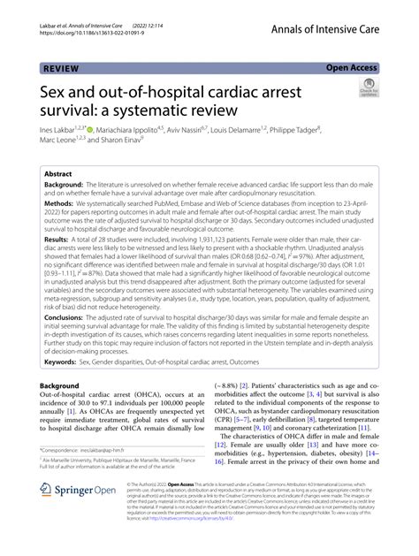 Pdf Sex And Out Of Hospital Cardiac Arrest Survival A Systematic Review