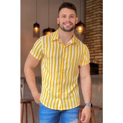 Camisa Masculina Listrada Em Viscolinho Manga Curta De O Shopee