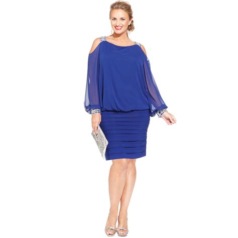 Betsy And Adam Plus Size Cold Shoulder Embellished Blouson Dress In Blue