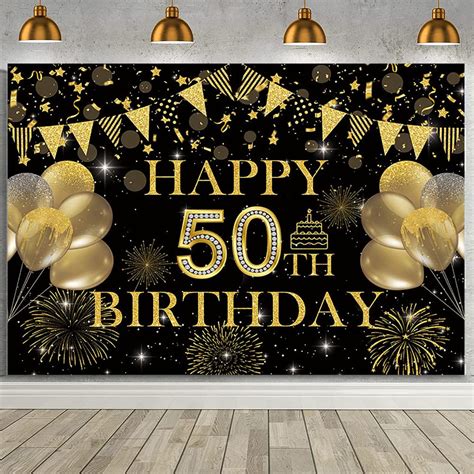 AIBIIN 7x5ft Happy 50th Birthday Backdrop Banner Black And Gold 50 Year