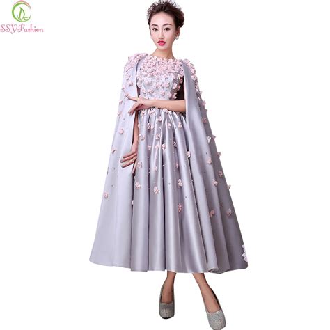 Ssyfashion Luxury Satin Grey Appliques Flower Evening Dress With Cloak