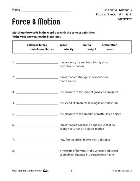 Force Motion Activity Pages Mini Poster Grades Worksheets Library