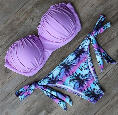 2018 Summer Beach Padded Push Up Bikini Set Palm Tree Print Ruffle