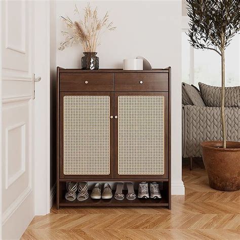 Scandinavian Solid Wood Rattan Shoe Cabinet Double Door Black