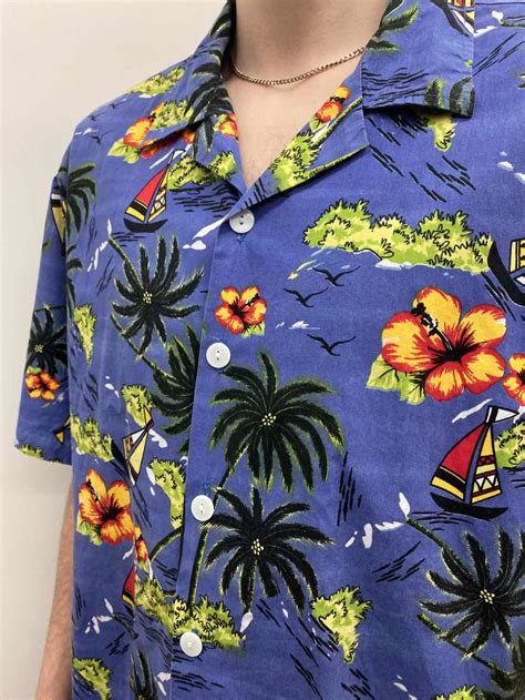 Mens Bright Vintage Hawaiian Shirt With Boats And Palm Trees Floral