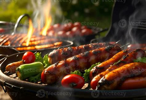 Grilled Sausages And Vegetables On A Flaming Bbq Grill Ai Generated