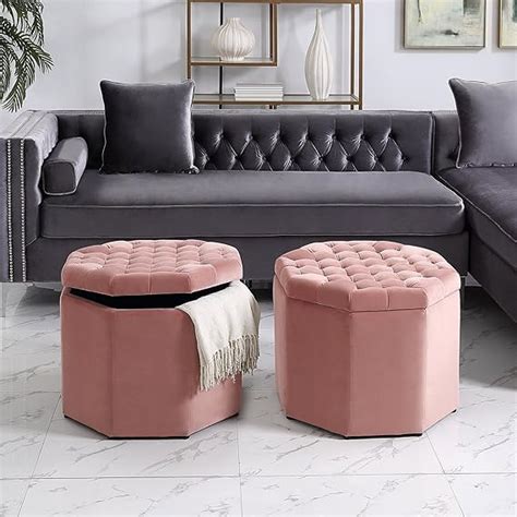 Blush Velvet Storage Ottoman Upholstered Tufted