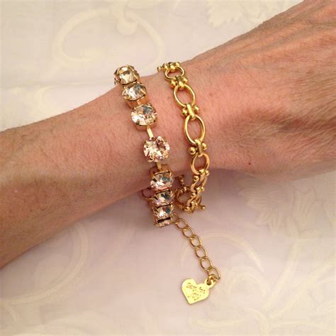 Layering Two Bracelet Set Gold Plated Oval Link Swarovski 8mm Light