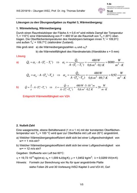 WSÜ WS 2018 19 Uebung zu Kapitel 3 Wärmeübergang Lösungen Lösungen zu