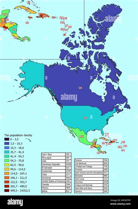 Mapa De América Del Norte Con Países Clasificados Por Densidad De Población Fotografía De Stock