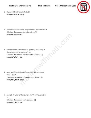 Ratios Igcse Mathematics 0580 Past Papers Worksheet Teaching Resources