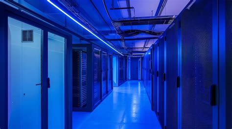 Premium Photo Futuristic Blue Colored Empty Data Center With Rows Of