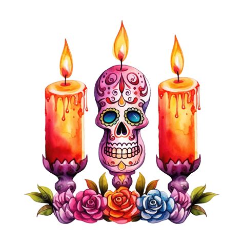 Three Burning Candles Set Dia De Muertos And Halloween Watercolor Hand