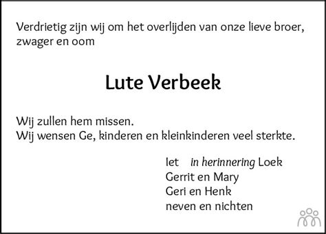 Lute Verbeek Overlijdensbericht En Condoleances Mensenlinq Nl