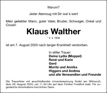 Traueranzeigen Von Klaus Walther Trauer Nn De