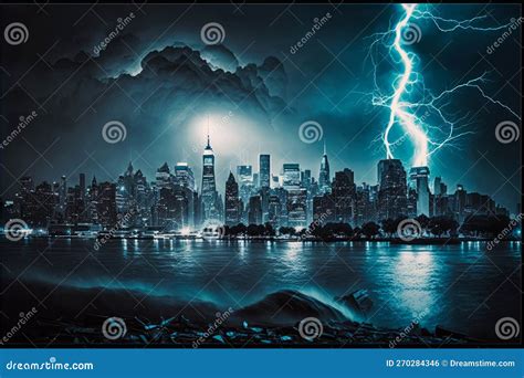 An Image Of Lightning Storm Over City Generative Ai Stock Illustration