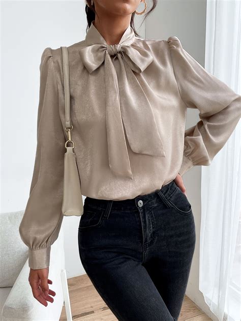 Solid Tie Neck Lantern Sleeve Satin Blouse