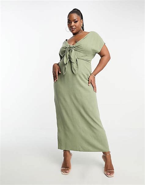 Asos Design Curve V Neck Linen Double Bow Detail Pencil Midi Dress In