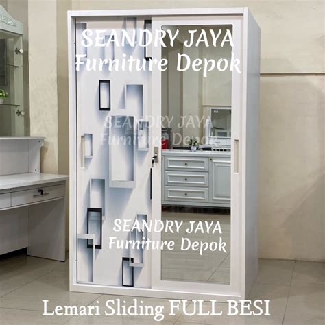 Jual Lemari Pakaian Sliding Full Plat Besi 2 Pintu Minimalis Putih