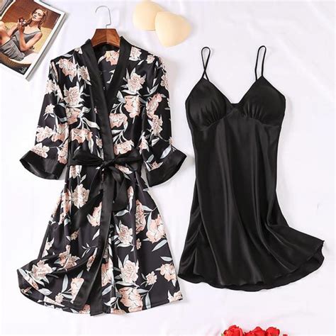 Sexy Nightgown Print Kimono Robe Set Women Bathrobe Gown Summer Satin