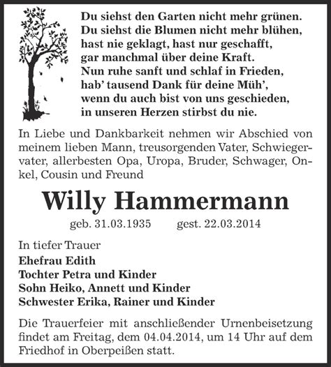 Traueranzeigen Von Willy Hammermann Abschied Nehmen De