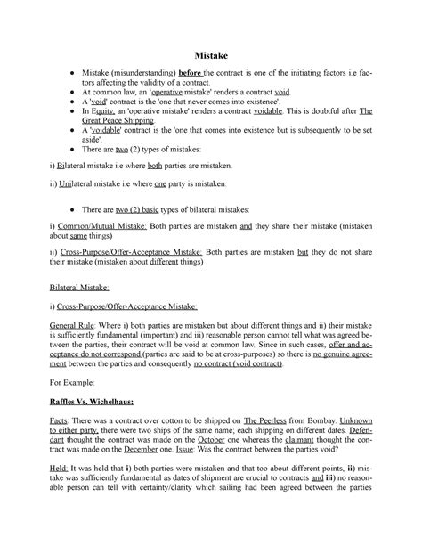 Mistake-Complete Notes for contract law - Mistake Mistake