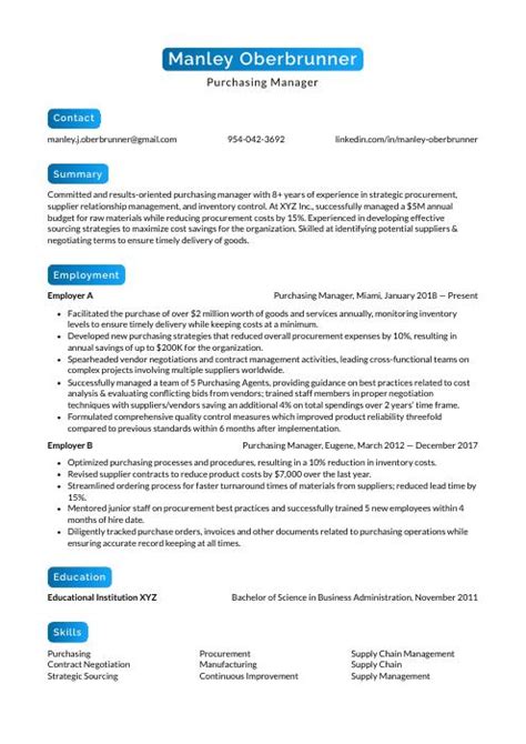 Purchasing Manager Resume Cv Example And Writing Guide